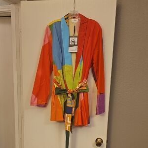 Sassy Jones Tezra Peplum Blazer - Orange Abstract